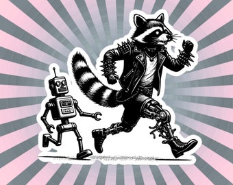 Cyber Goth Raccoon Chasing Robot Sticker: Waterproof Vinyl Decal