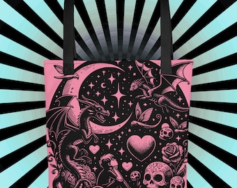 Gothic Moon Dragon Tote Bag – Pink Fantasy Aesthetic, Dark Fairycore Witchy Bag, Skull and Roses Design, Pastel Goth Gift