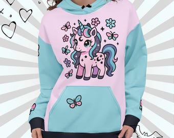 Kawaii Unicorn Hoodie – Pastel Fairycore Butterfly Print, Cozy Dreamcore Sweatshirt