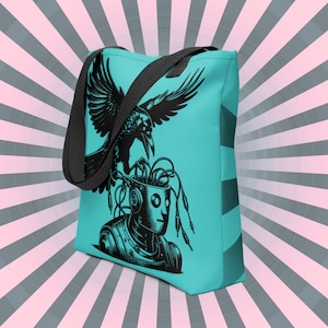 Aqua Goth Raven Robot Tote Bag: DreamSage Design