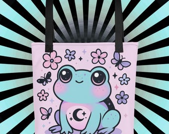 Pastel Goth Frog Tote Bag, Kawaii Celestial Toad Design