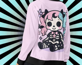 Pastel Goth Skeleton Girl Track Jacket, Kawaii Witchy Soft Grunge Fashion Zip-Up