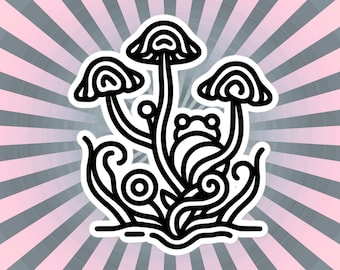 Whimsical Tribal Frog Mushrooms Vinyl Sticker, for Car, Bumper, Scrapbooking, Skateboards, or Crafts