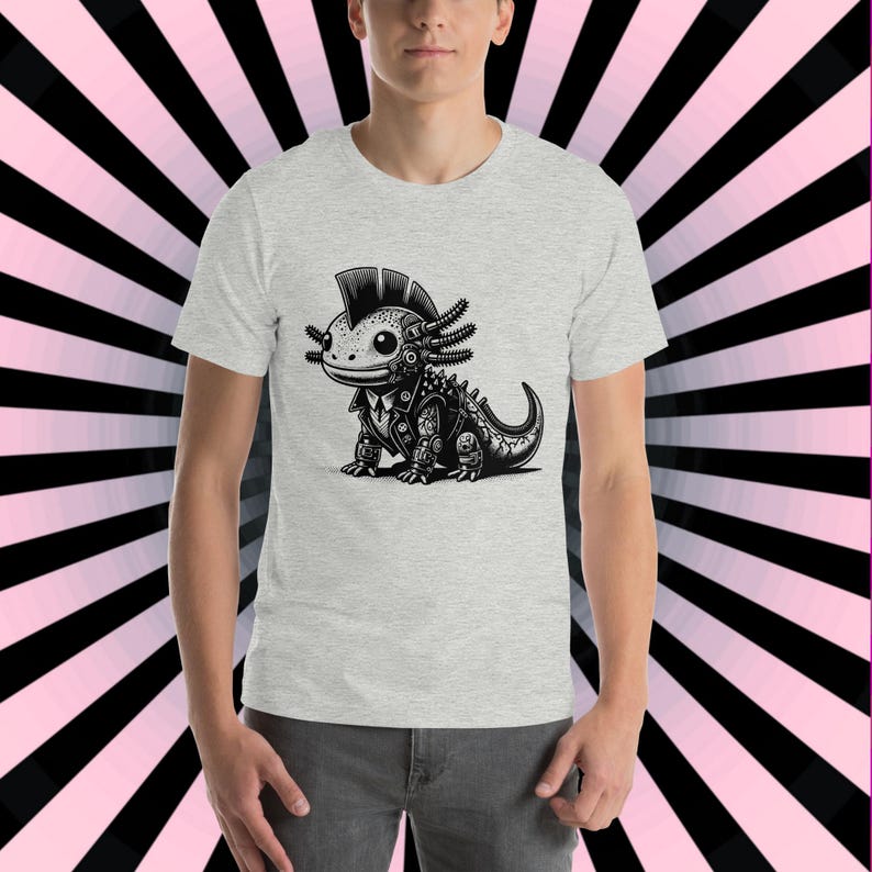 K&ouml;nnte beinhalten: Ein graues T-Shirt mit einer schwarz-wei&szlig;en Illustration eines Punk-Axolotl, das eine Lederjacke und einen Irokesenschnitt tr&auml;gt.
