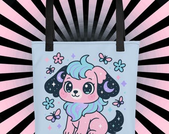 Pastel Goth Puppy Tote Bag, Kawaii Celestial Dog Design