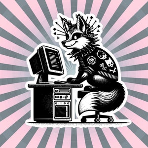 Punk Rock Fox on Computer Sticker, Cyberpunk Fox with Tech Sticker, Weirdcore Weird Stuff, Original Steampunk Warcore Art