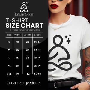 May include: T-shirt size chart with measurements in inches. The chart shows sizes S through XXL with corresponding width, length, and chest measurements.
