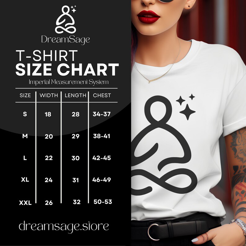 May include: T-shirt size chart with measurements in inches. The chart shows sizes S through XXL with corresponding width, length, and chest measurements.