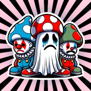 Pegatina de Payasitos Tristes y Fantasma con Sombreros de Hongo, Pegatina de Vinilo Impermeable de Weirdcore Clowncore