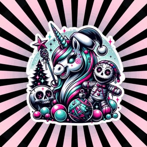 May include: A pink and blue unicorn with a red star on its horn, wearing a Santa hat, surrounded by Christmas ornaments and a voodoo doll.