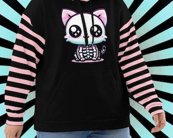 Skeleton Kitty Unisex Hoodie: Pastel Goth Kidcore, Long Sleeve