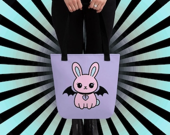Bolso tote de conejito gótico pastel, bolso kawaii de conejo con alas de murciélago, GIF de moda alternativa