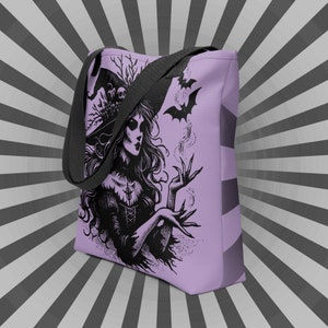 PURPLE Gothic Grunge Pastel Goth Bats & Witch Tote Bag, Ventcore Darkcore Weird Stuff Dark Aesthetic Halloween Tote Bag