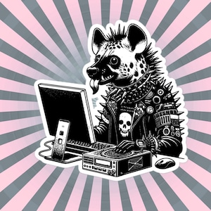 May include: A black and white illustration of a hyena wearing a studded leather jacket and holding a laptop computer. The hyena is sitting in front of a computer monitor and has a skull on its jacket. The background is a pink and white striped pattern.