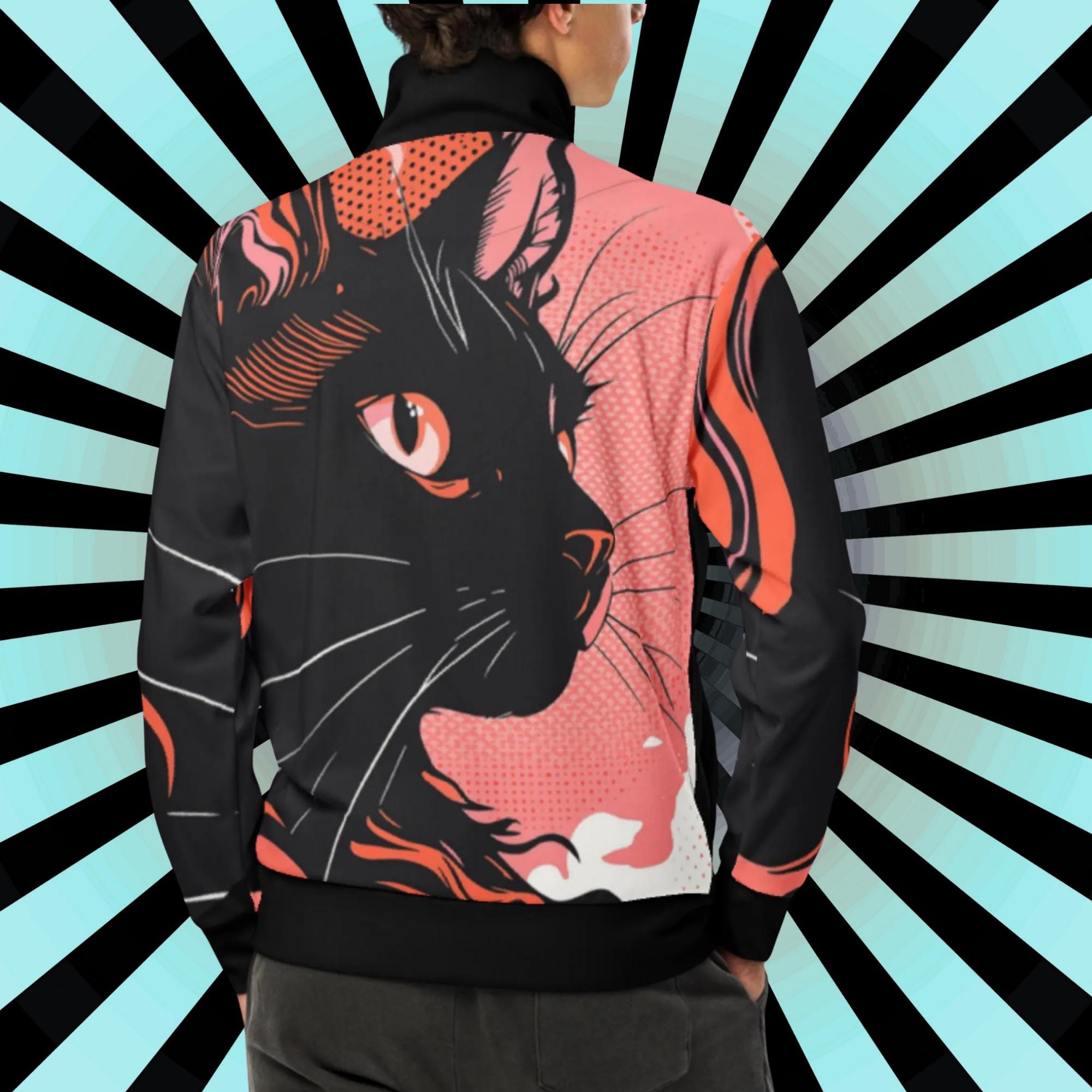 Pastel Goth Black Cat Flame Track Jacket, Weirdcore Witchy