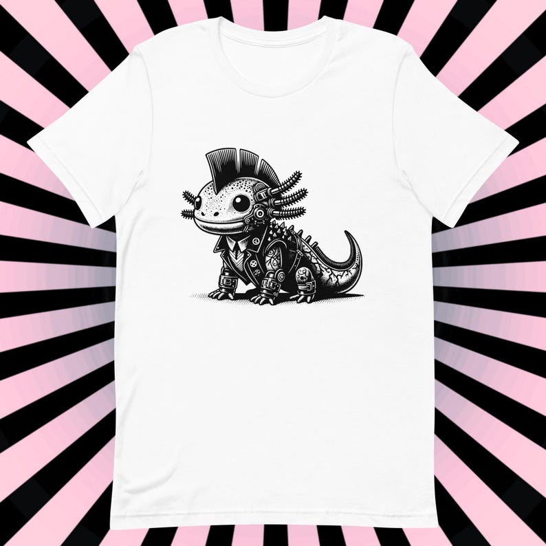 K&ouml;nnte beinhalten: Wei&szlig;es T-Shirt mit einer schwarz-wei&szlig;en Illustration eines Punk-Axolotl, das eine Lederjacke und einen Irokesenschnitt tr&auml;gt.