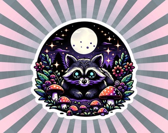 Whimsigoth Raccoon Vinyl Sticker, Original Moonlight Mushroom Art