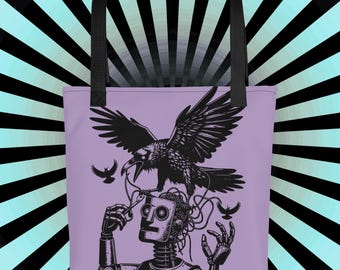 Cyberpunk Crow and Robot Tote Bag – Dark Gothic Raven Art, Purple Tech Noir Aesthetic, Steampunk Cyber Art Bag, Alt Fashion Gift