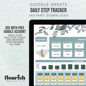 May include: A Google Sheets template for tracking daily steps, miles walked, and progress towards a yearly goal. The template includes a chart showing steps taken each month, with a bee illustration and the text "flourish creating a beautiful life".