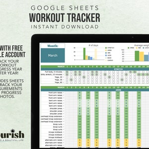 May include: A Google Sheets workout tracker template with a green, yellow, and blue color scheme. The template includes a calendar, charts, and a section for tracking workouts, including stretches, arms, legs, and cardio. The text "Google Sheets Workout Tracker Instant Download" is at the top of the image.