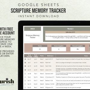 Può includere: Un modello di foglio di calcolo Google stampabile per tenere traccia dei progressi nella memorizzazione delle Scritture. Il modello include un calendario, versetti da memorizzare e un tracker di progressi. Il testo "2024 Scripture Memory Tracker" è in cima al foglio.