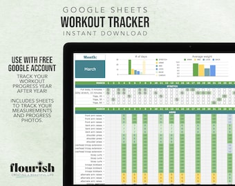 Workout Tracker for Google Sheets, Daily workouts, track workout routine and strength training, progress photos and measurements