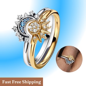 Celestial Sun and Moon Ring Set, Sparkling Sun Ring/Blue Moon Ring with 14k  Gold/Silver Plating, Friendship Promise Ring, Stackable Celestial Rings