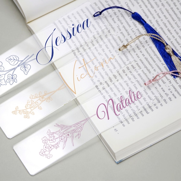 Personalized Birth Flower Bookmark, Acrylic Floral Bookmark with Name, Custom Bookmark Gift for Her, Name Bookmark, Bookmark with Tassel