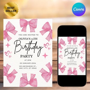 Bearbeitbar 13. Geburtstagseinladung Mädchen rosa Bogen einladen 13-jähriges Mädchen Geburtstags-Mädchen dreizehnte rosa Bogen Geburtstag Teen Birthday Party