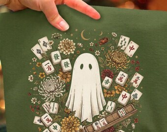 Vintage Ghost Mahjong PNG, Wildflower Floral Halloween Sublimation Design, Spooky Cottagecore Shirt, Women's Fall Halloween Digital Download