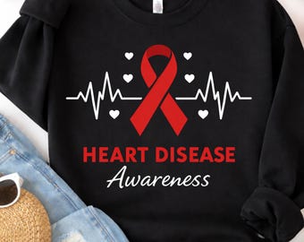 Heart Disease Awareness PNG: Red Ribbon Heartbeat Cardio Awareness, Medical Support Graphic (Digital Download), in February We Wear Red CHD