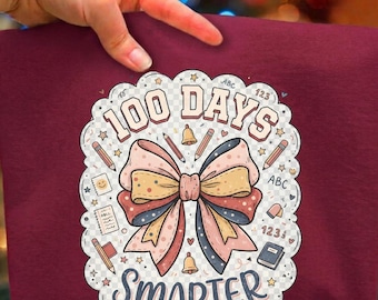 100 Days Smarter PNG, Cute Bow 100th Day of School Sublimation Design, Girly School Retro Doodle, Teacher Student Shirt, Digital Download