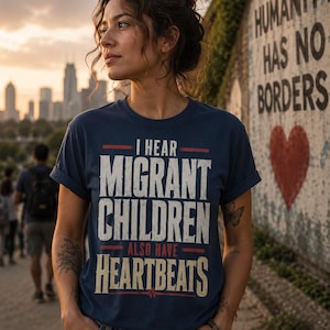 Peut inclure: Un t-shirt bleu marine à manches courtes portant l'inscription I HEAR MIGRANT CHILDREN ALSO HAVE HEARTBEATS en lettres blanches et rouges usées, avec un petit graphique de ligne de battement de cœur rouge centré sous le texte.
