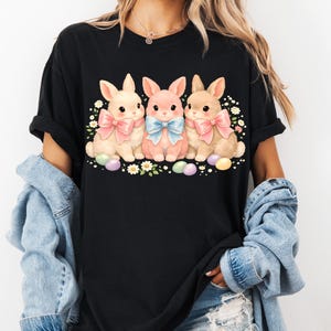 Cute Easter Bunnies With Bows And Eggs PNG: Pastel Bunny Trio Easter PNG Kids PNG Floral Eggs Clipart (Digital Download)
