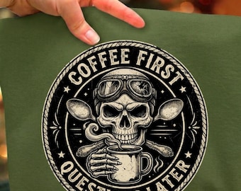 Coffee First Questions Later PNG, Vintage Skull Badge Sublimation Design, Biker Skeleton Coffee Lover Shirt, Retro Emblem, Digital Download