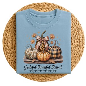 Peut inclure: Un t-shirt bleu clair avec un motif sur le thème de l'automne. Le motif comprend trois citrouilles, des feuilles d'automne et des marguerites. La citrouille centrale a un nœud à imprimé léopard. Le texte "Grateful thankful Blessed" est écrit en dessous.