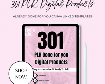 May include: A pink and white digital product mockup with the text "301 PLR Digital Products" and "Shop Now". The mockup shows a tablet with a background of US dollar bills and the text "301 PLR Done for you Digital Products". The text "Easy to customize & Ready To Sell" is also included. A list of four steps is shown: Download, Open in Canva, Easily Customize By Changing Fonts, Colors, Add/Remove Images, and Upload To Your Website, Market & Start Making Sales.