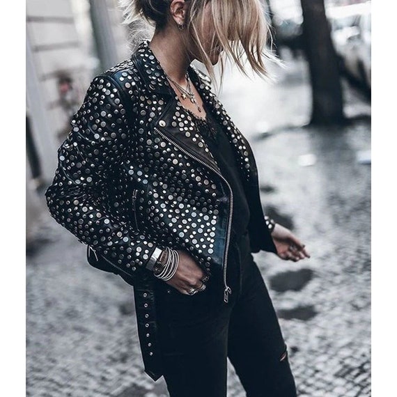 Womens Handmade Silver Full Studded Black Designer Leather Biker Jacket Handmade High Quality Jackets for Womens Etsy