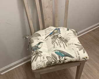 Dining Chair Cushion/ Chair Cushion with ties tufted/17x15.5/Bird Print Cushion