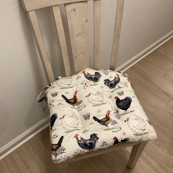 Dining Chair Cushion/ Chair Cushion with ties tufted/17x15.5/Rooster cushion