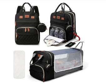 Multifunctional Diaper Bag Backpack - 3 in 1 Convertible Baby Bed, Waterproof & USB Charging Port, Ideal New Parent Gift