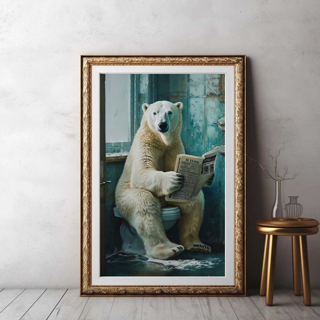 Polar Bear Sitting on the Toilet Reading a Newspaper,funny Bathroom
