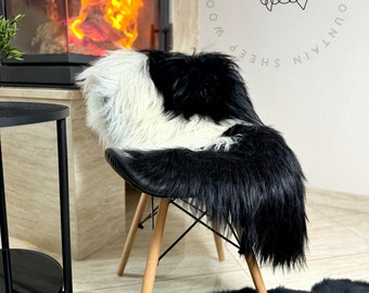 Real Icelandic Black White Sheepskin Rug, Long Fur, natural, sheepskin throw sofa chair floor, home decor, genuine leather, carpet modern