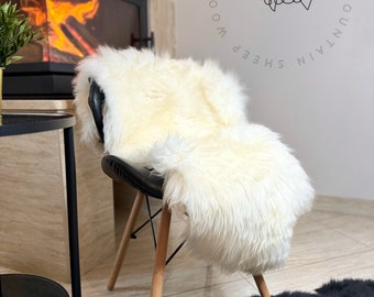 White luxury natural sheepskin rug, super soft fluffy, genuine leather carpet, sheep wool blanket, throw sofa armchair living room bedroom