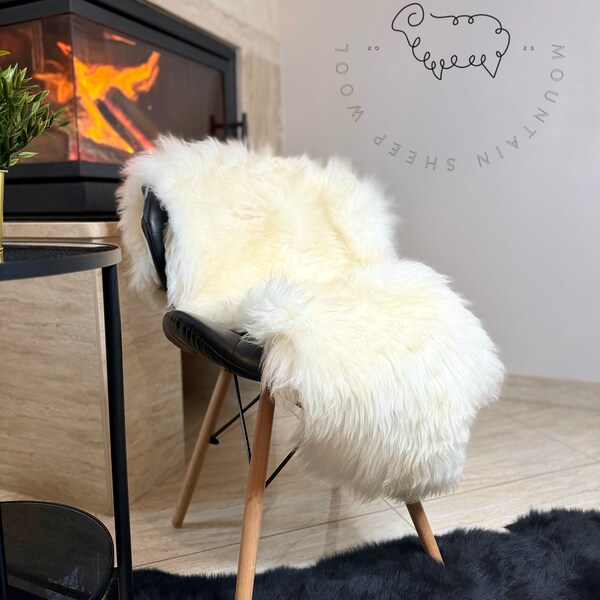 White luxury natural sheepskin rug, super soft fluffy, genuine leather carpet, sheep wool blanket, throw sofa armchair living room bedroom