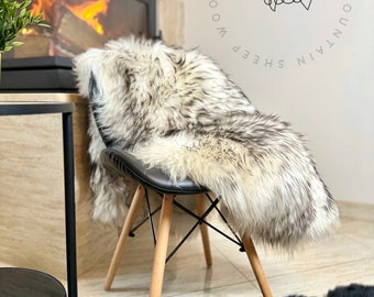 Luxury natural black white sheepskin rug, super soft, genuine leather carpet, sheep wool blanket, throw sofa, scandinavian decor, warm color