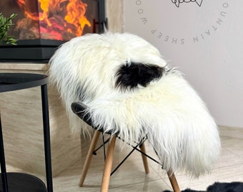 Icelandic White Black Sheepskin Rug, Scandinavian, Fur, natural, sheepskin throw sofa chair floor, home decor, genuine leather carpet modern