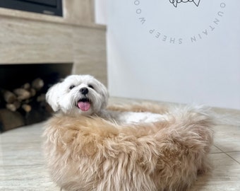 Real Sheepskin Beige Creamy Dog bed, Cat Bed, Pouf Dog, Pouf Cat, for pets, gift for dog, gifts for dogs pet Cat Mat Pet Furniture Sheepskin