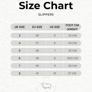 May include: A size chart for slippers, with UK, EU, and US sizes listed. The chart includes foot length in centimeters, ranging from 23 cm to 27 cm. The text "Size Chart" and "SLIPPERS" are at the top.