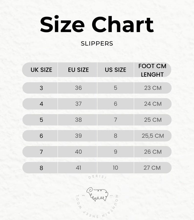 May include: A size chart for slippers, with UK, EU, and US sizes listed. The chart includes foot length in centimeters, ranging from 23 cm to 27 cm. The text "Size Chart" and "SLIPPERS" are at the top.